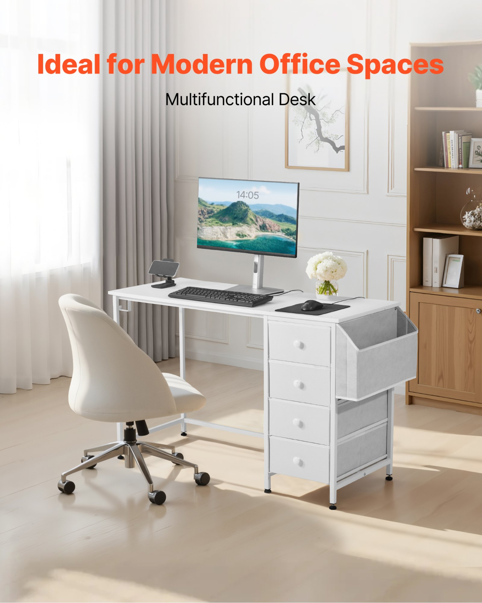 Modern white VEVOR computer desk with fabric drawers, metal frame, 120 cm reversible study work table for home office or bedroom.