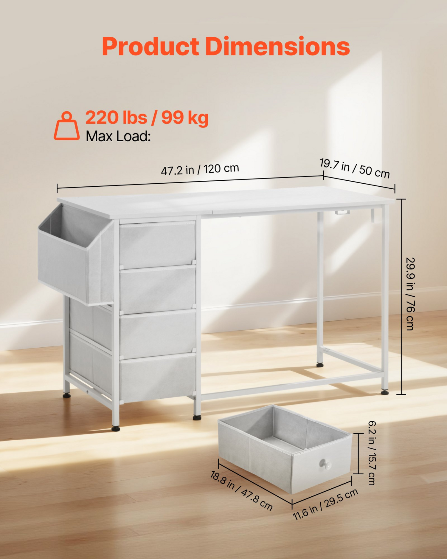 Start2Finish VEVOR white computer desk with fabric drawers, 120 cm reversible study table with metal frame for home office or bedroom