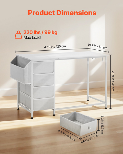 Start2Finish VEVOR white computer desk with fabric drawers, 120 cm reversible study table with metal frame for home office or bedroom