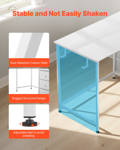 Start2Finish VEVOR white computer desk with fabric drawers, metal frame, 120cm reversible study work table for home office or bedroom.