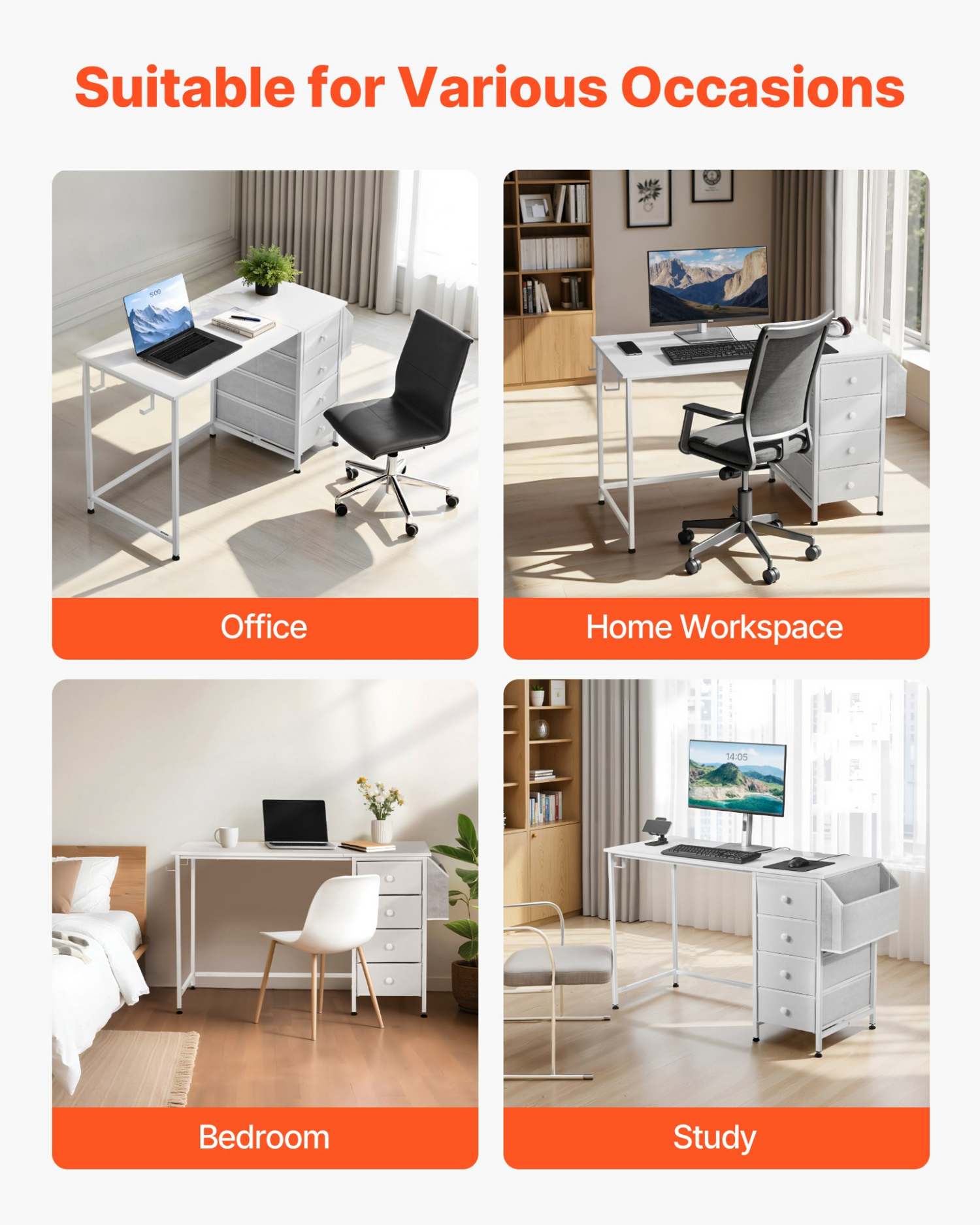 Modern white VEVOR computer desk with fabric drawers, metal frame, 120 cm size, ideal for home office or bedroom workspace.