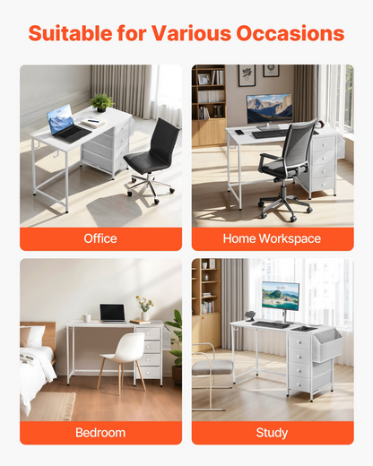Modern white VEVOR computer desk with fabric drawers, metal frame, 120 cm size, ideal for home office or bedroom workspace.