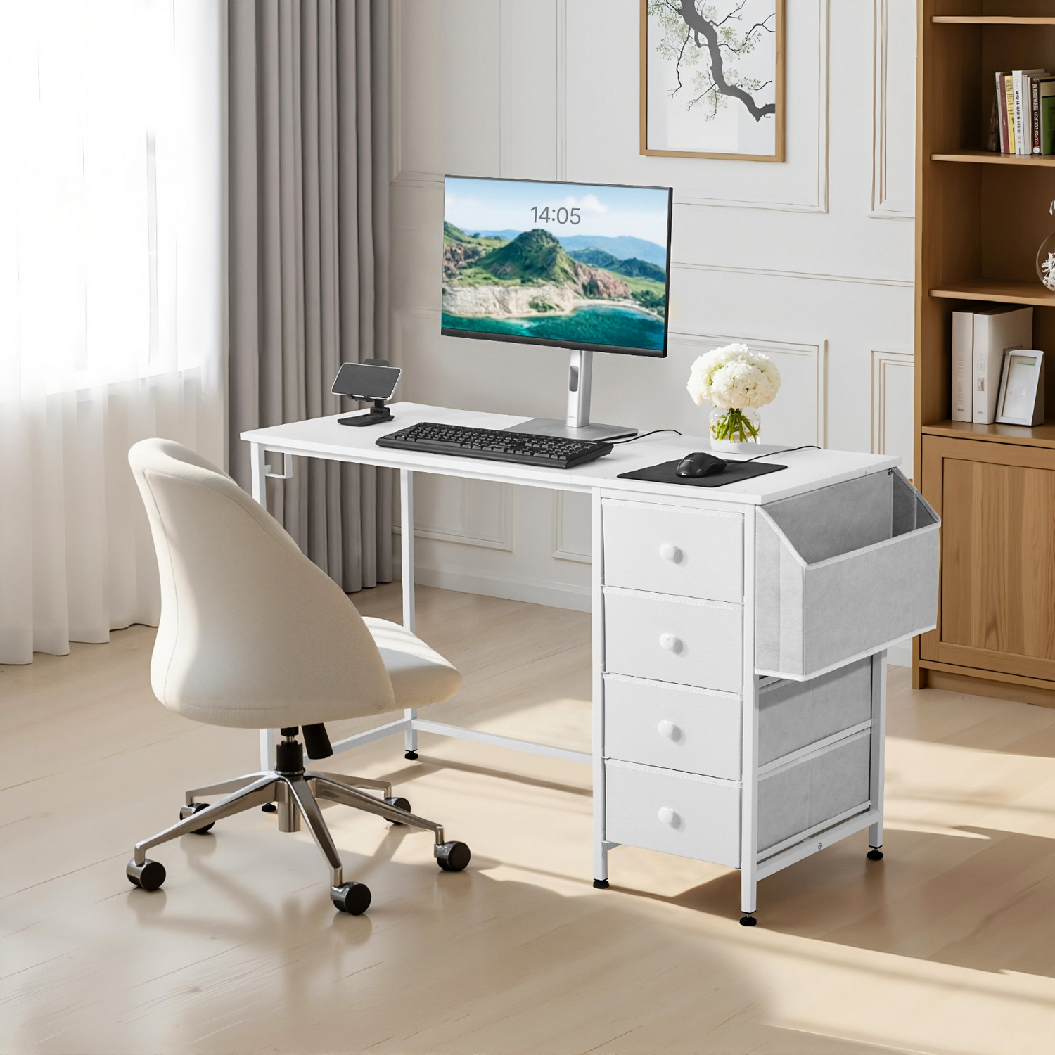 Start2Finish VEVOR white computer desk with fabric drawers, metal frame, 120 cm modern study work table for home or office use