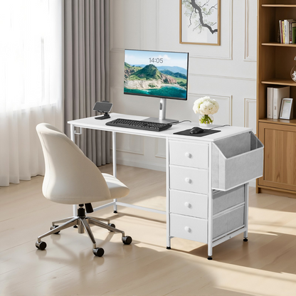 Start2Finish VEVOR white computer desk with fabric drawers, metal frame, 120 cm modern study work table for home or office use