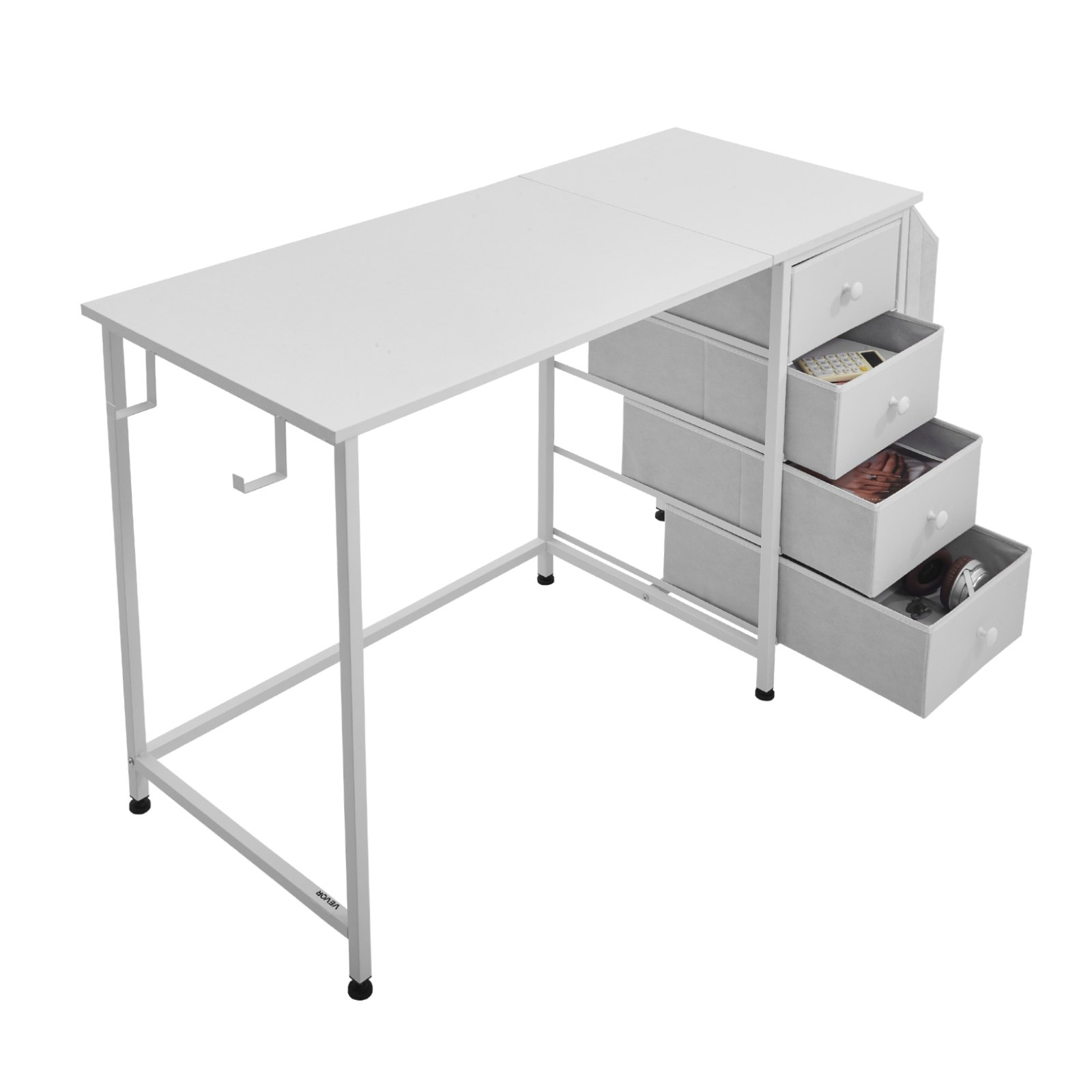 Start2Finish VEVOR computer desk with fabric drawers, 120cm white modern study work table with metal frame for home office.