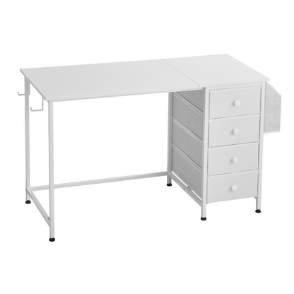 Modern white VEVOR computer desk with fabric drawers, 120 cm reversible study workspace, metal frame, ideal for home office or bedroom.