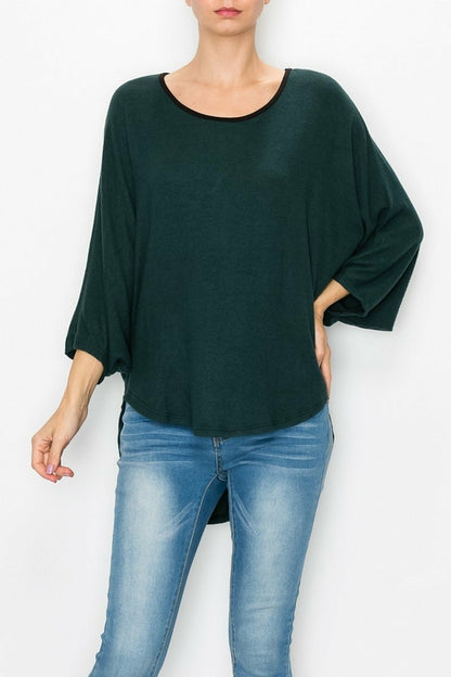 Green high and low round neck tunic top by Yellow Hera, casual dress with stylish layered hem and comfortable fit.