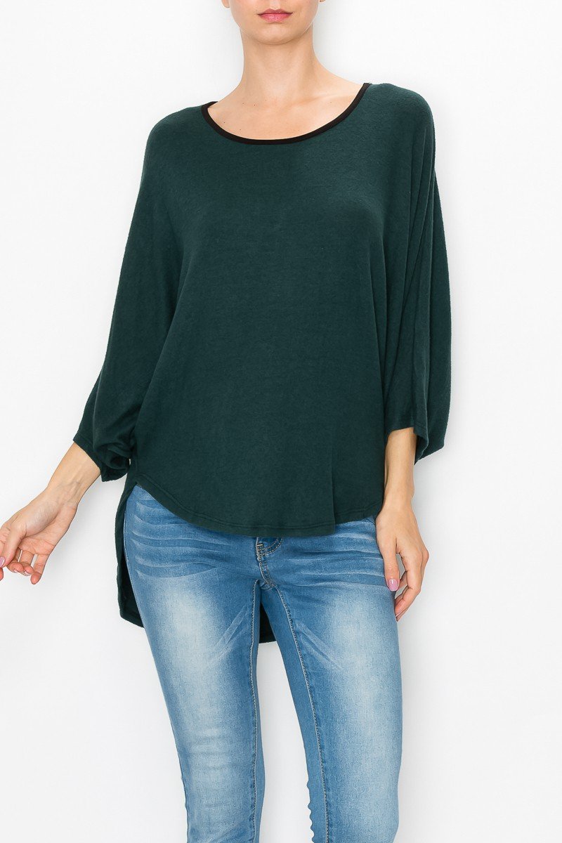 Green high and low round neck tunic top by Yellow Hera, casual dress with layered hem and relaxed fit.