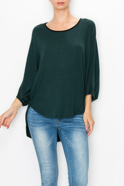 Green high and low round neck tunic top by Yellow Hera, casual dress with layered hem and relaxed fit.
