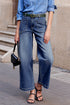 Byzantium Bay denim high waist straight leg jeans with patch pockets, showcasing classic blue denim and a relaxed fit.