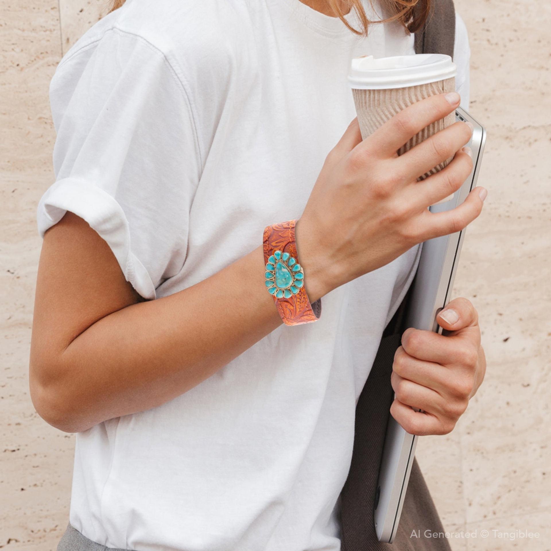 Blue turquoise leather and gold cuff bracelet with jewelry design, featuring a wide band and decorative accents.