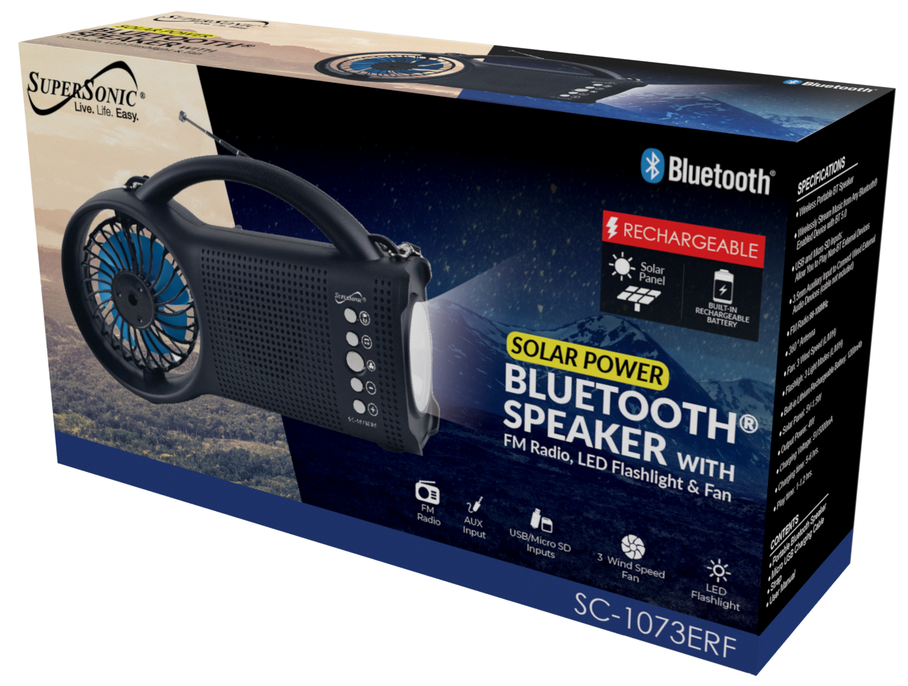 Black Lavender Supersonic Solar Power Bluetooth speaker with FM radio and LED torch, compact portable audio device.