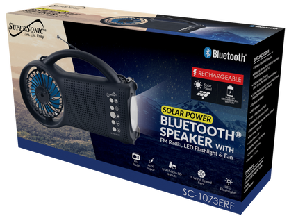 Black Lavender Supersonic Solar Power Bluetooth speaker with FM radio and LED torch, compact portable audio device.