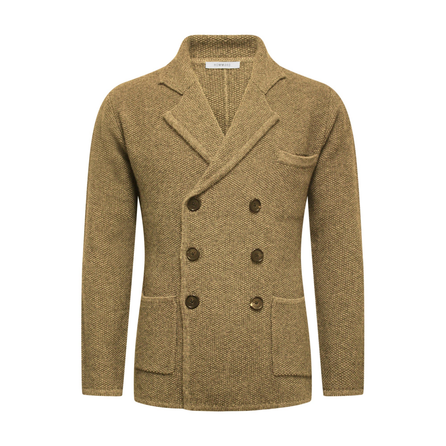 Start2Finish camel knitted double-breasted jacket with a stylish design, displayed on a hanger.