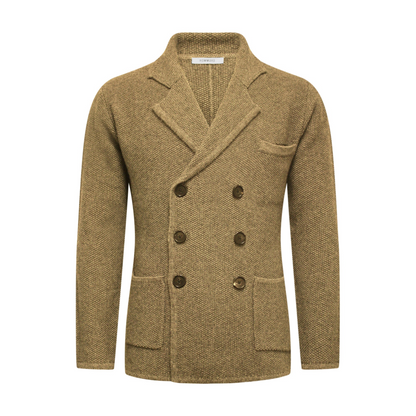 Start2Finish camel knitted double-breasted jacket with a stylish design, displayed on a hanger.