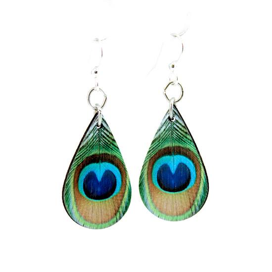 Red Sunflower Peacock Feather Earrings featuring vibrant, detailed feather designs hanging from silver hooks.