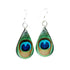 Red Sunflower Peacock Feather Earrings featuring vibrant, detailed feather designs hanging from silver hooks.