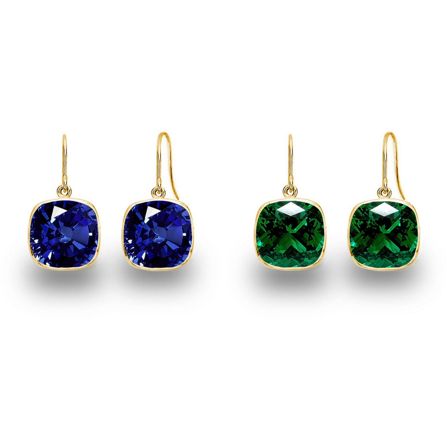 Pair of drop earrings with 9.00 CTW cushion cut blue sapphire and emerald gemstones in sterling silver or gold-plated silver.
