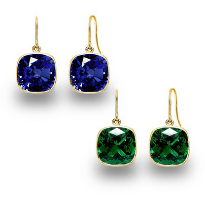 Two pairs of cushion cut blue sapphire and emerald drop earrings in sterling silver or 14k gold over silver, 8mm gemstones.