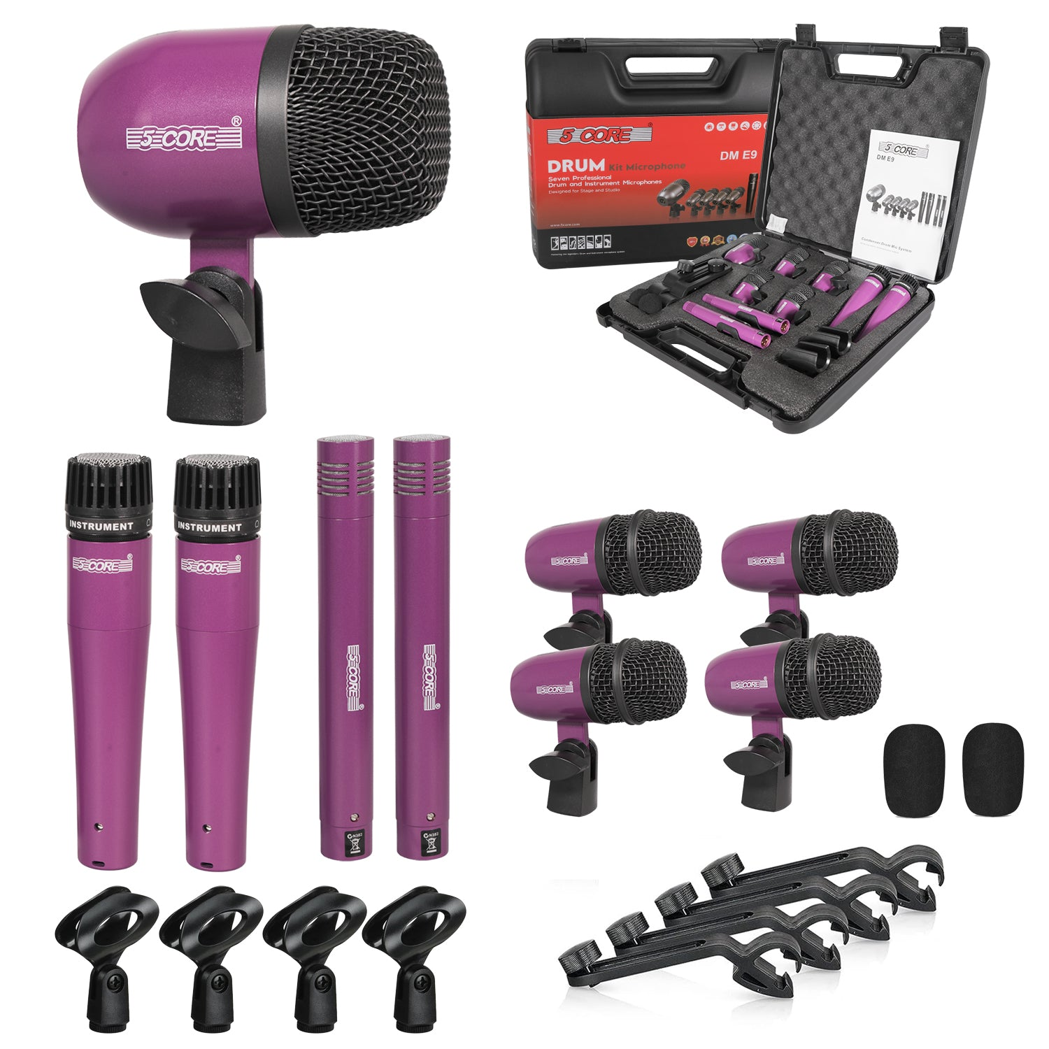 Start2Finish 9-piece drum microphone set with kick bass, tom, snare, hi-hat, and cymbal mics for drums and percussion.