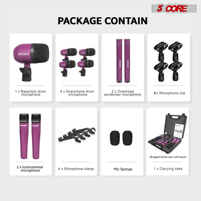 Start2Finish 9-piece drum microphone set with kick, tom, snare, hi-hat, cymbal mics, and condenser microphones for musical instruments.