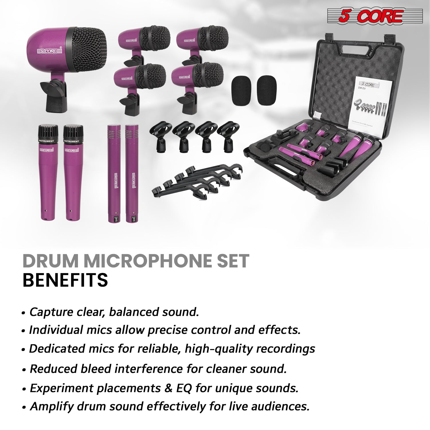 Start2Finish 9-piece drum microphone set with kick bass, tom, snare, condenser mics, hi-hat, and cymbal mics for drums and percussion.