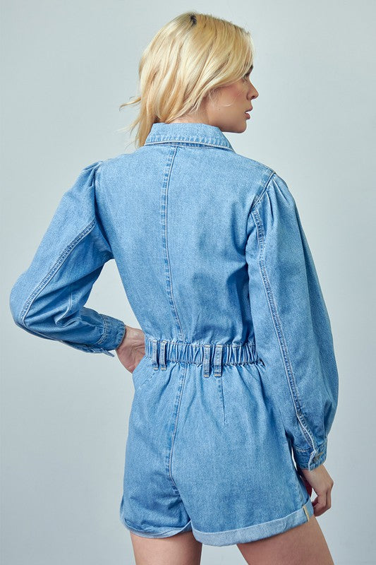 Vintage roll-up denim short romper for women by Jade Icarus, featuring a casual sleeveless design and distressed details.