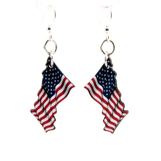 Red Sunflower American flag earrings featuring waving flag design, made of lightweight metal with detailed stars and stripes.