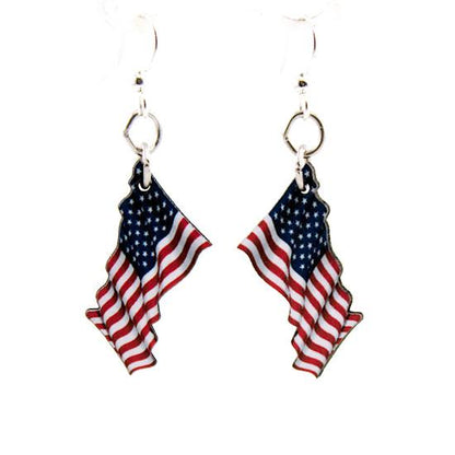 Red Sunflower American flag earrings featuring waving flag design, made of lightweight metal with detailed stars and stripes.
