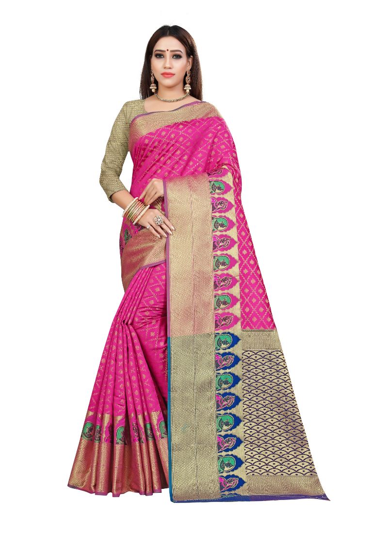 Elegant ivory Kanjivaram silk saree with intricate gold border and matching blouse, worn by a woman for traditional attire.