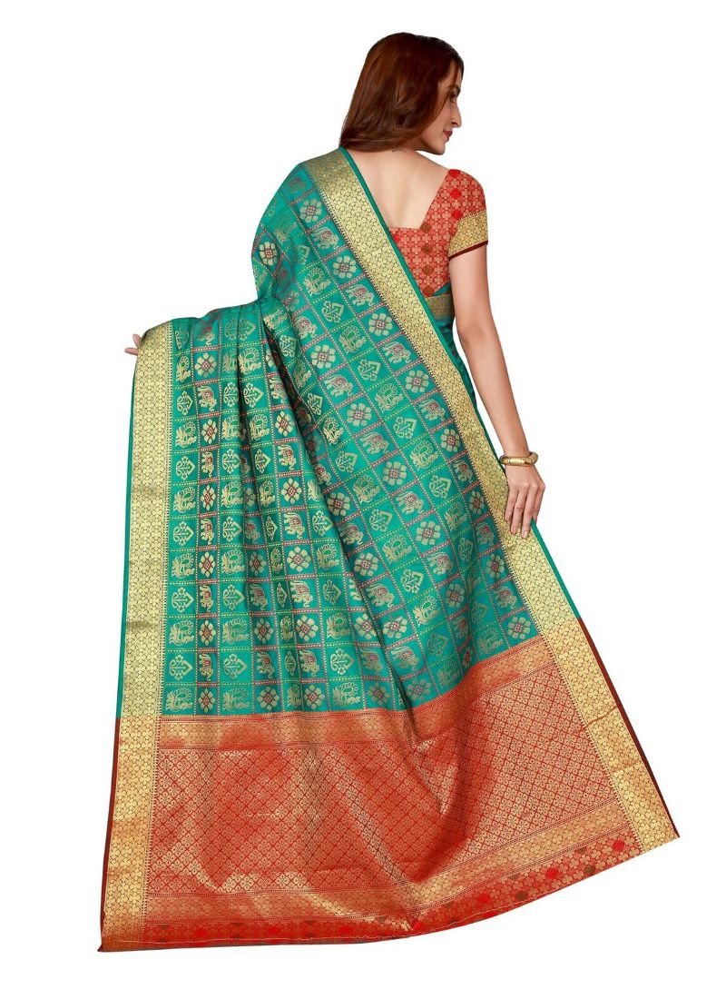 Elegant ivory Kanjivaram silk saree with intricate gold patterns and matching blouse, designed for women&