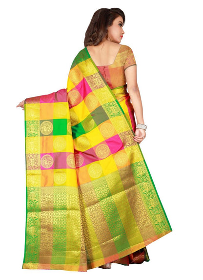 Elegant ivory Banarasi silk saree with intricate gold patterns and matching blouse, traditional Indian women&