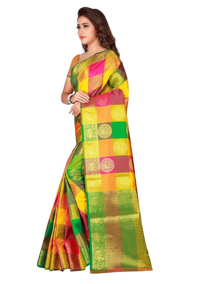 Elegant ivory Banarasi silk saree with intricate gold zari work and matching blouse, displayed on a woman.