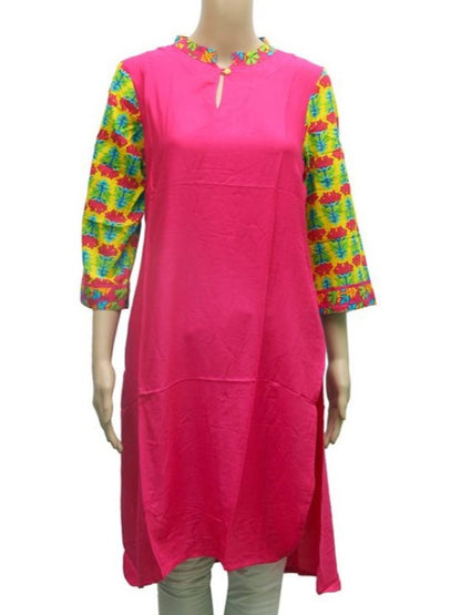 Pink solid Chinese collar kurti for women by Ivory Cassiopeia, featuring traditional design and comfortable fit.