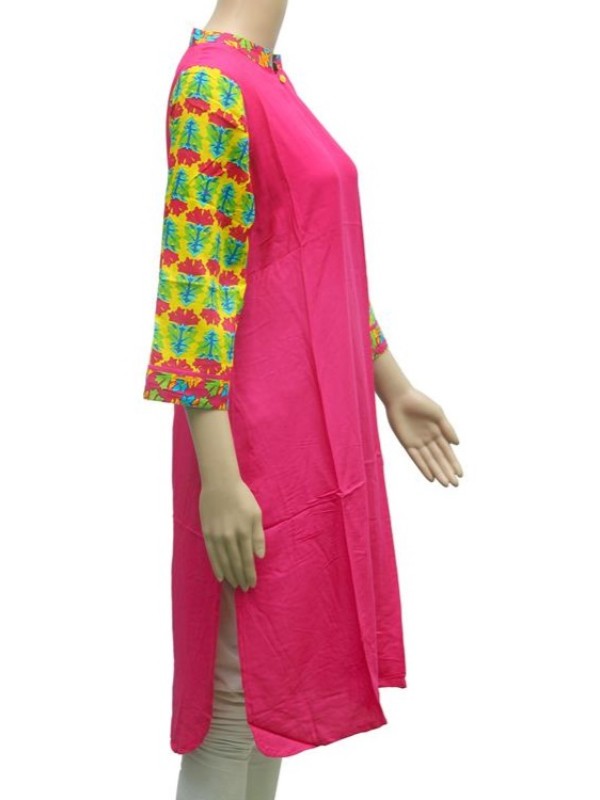 Pink solid Chinese collar kurti for women, stylish Ivory Cassiopeia traditional clothing with elegant design and comfortable fit.