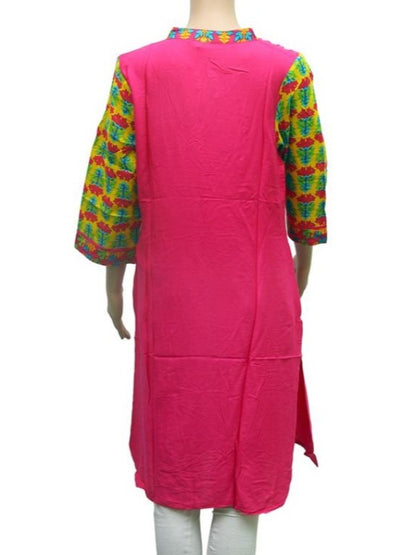 Pink solid Chinese collar kurti for women by Ivory Cassiopeia, featuring traditional style and comfortable fabric.
