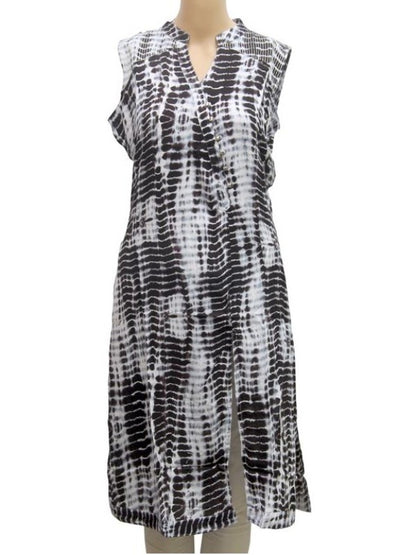 Blue smoky printed sleeveless rayon dress with front slit, women&