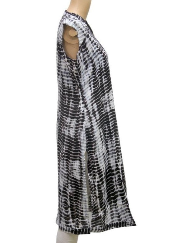 Blue smoky printed sleeveless rayon dress with front slit for women by Ivory Cassiopeia