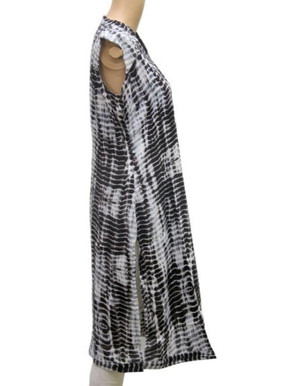 Blue smoky printed sleeveless rayon dress with front slit for women by Ivory Cassiopeia