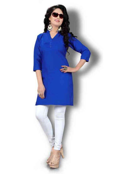 Women’s blue solid thigh-length kurta by Ivory Cassiopeia, featuring a relaxed fit and simple design, perfect for casual wear.