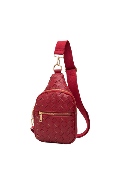 Woven vegan leather sling bag from Start2Finish, featuring a compact design with a woven texture and adjustable strap.