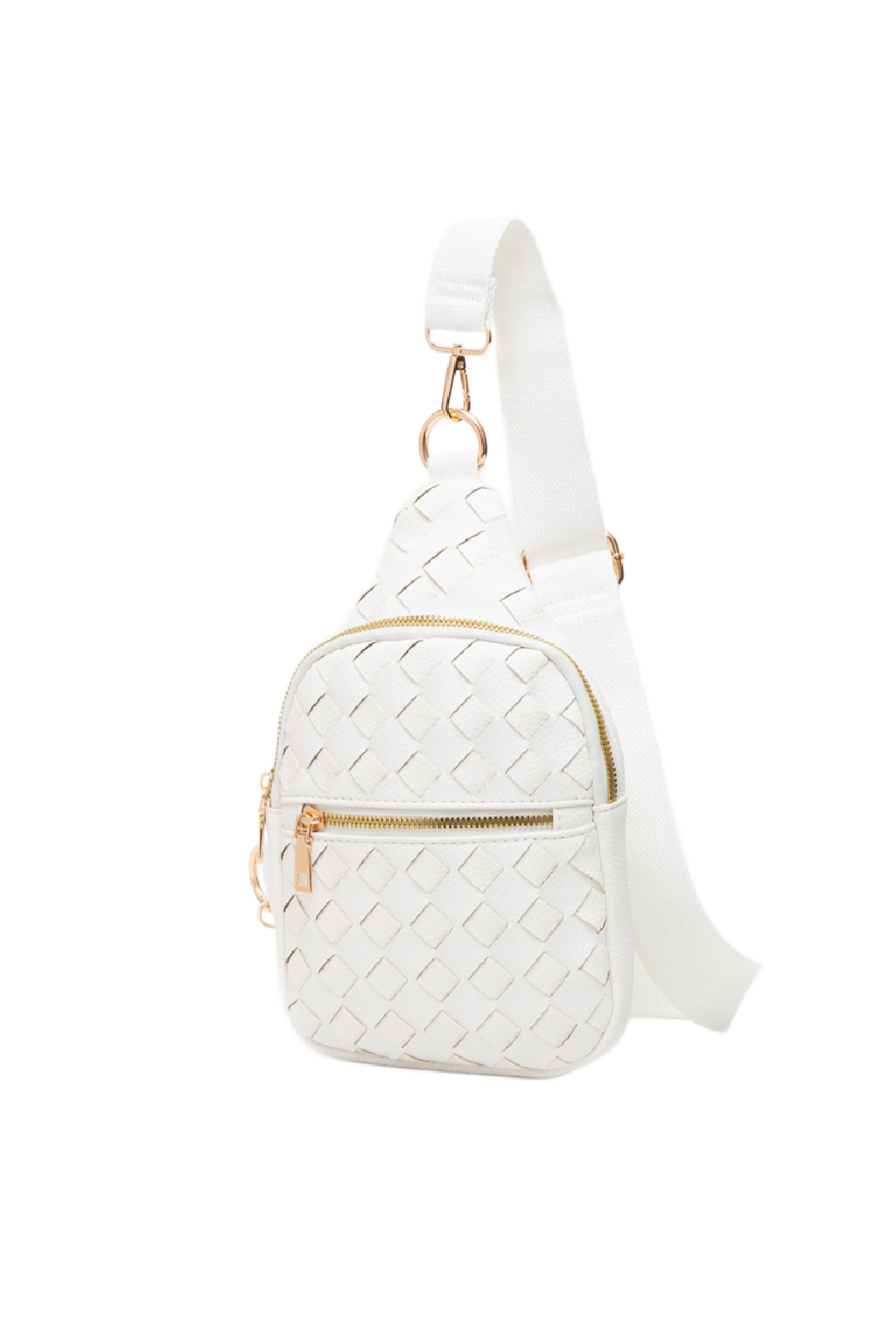 Woven vegan leather sling bag from Start2Finish, featuring a compact design with adjustable strap and textured surface.
