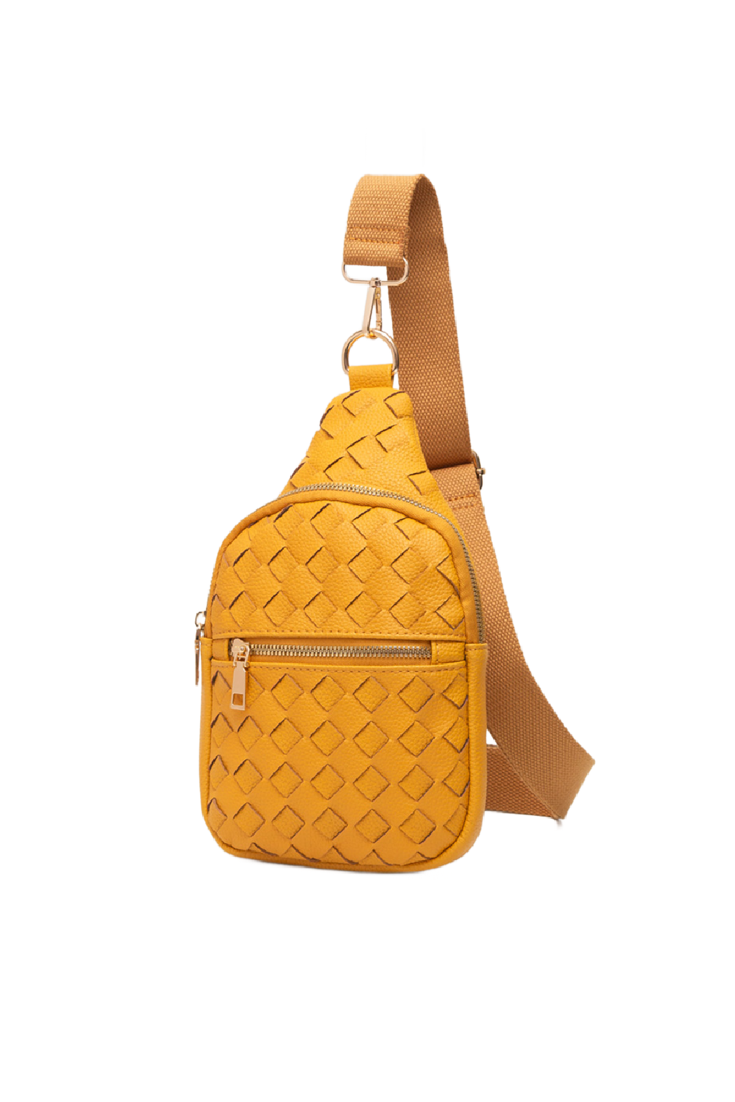 Woven vegan leather sling bag from Start2Finish, featuring a compact design with adjustable strap and textured surface.