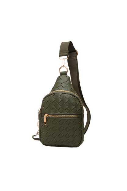 Woven vegan leather sling bag from Start2Finish, stylish accessories with a textured woven design and adjustable strap.
