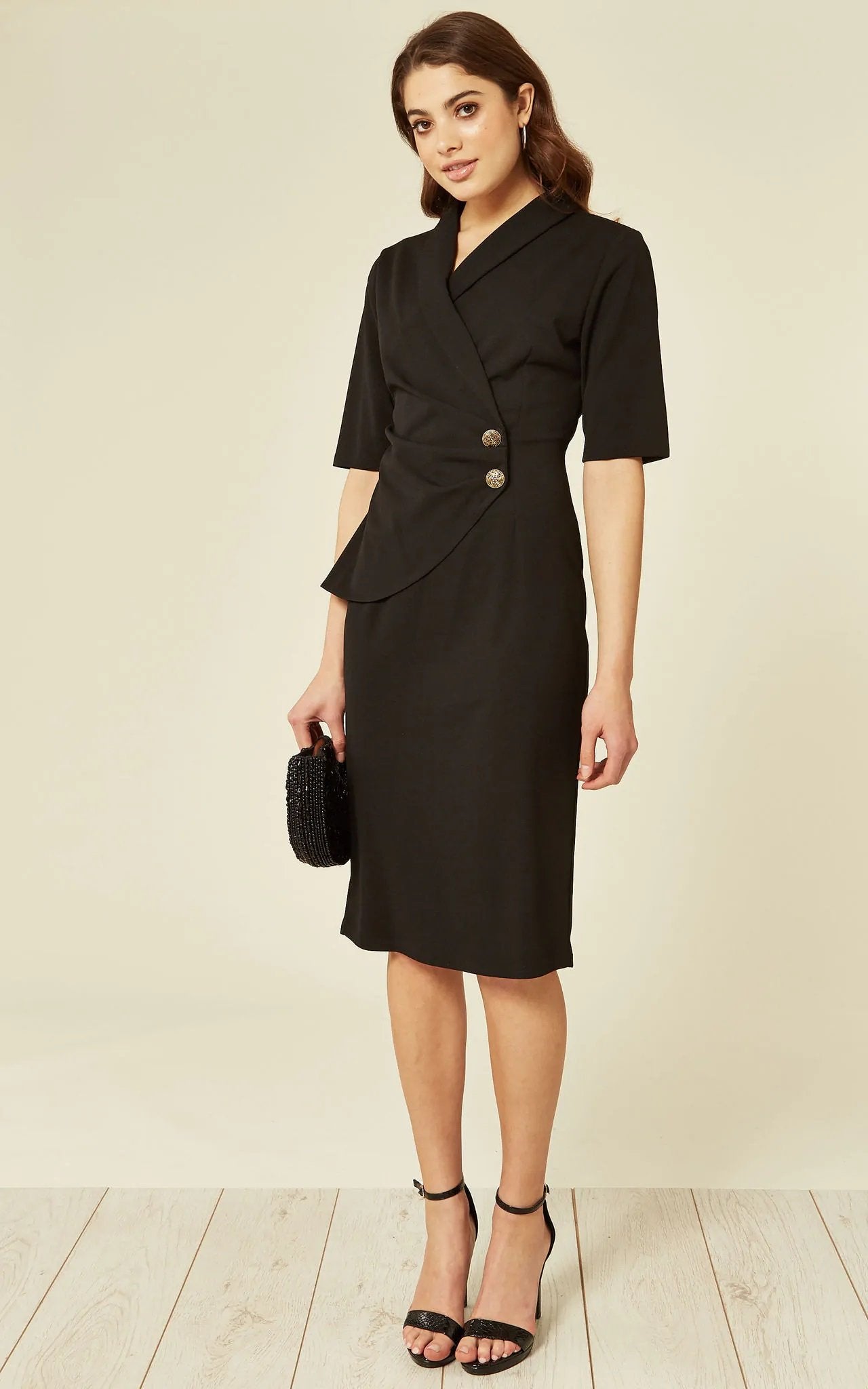 Black Diane Wrap Blazer Dress by Rose Eleusis featuring a tailored fit and elegant lapel collar.