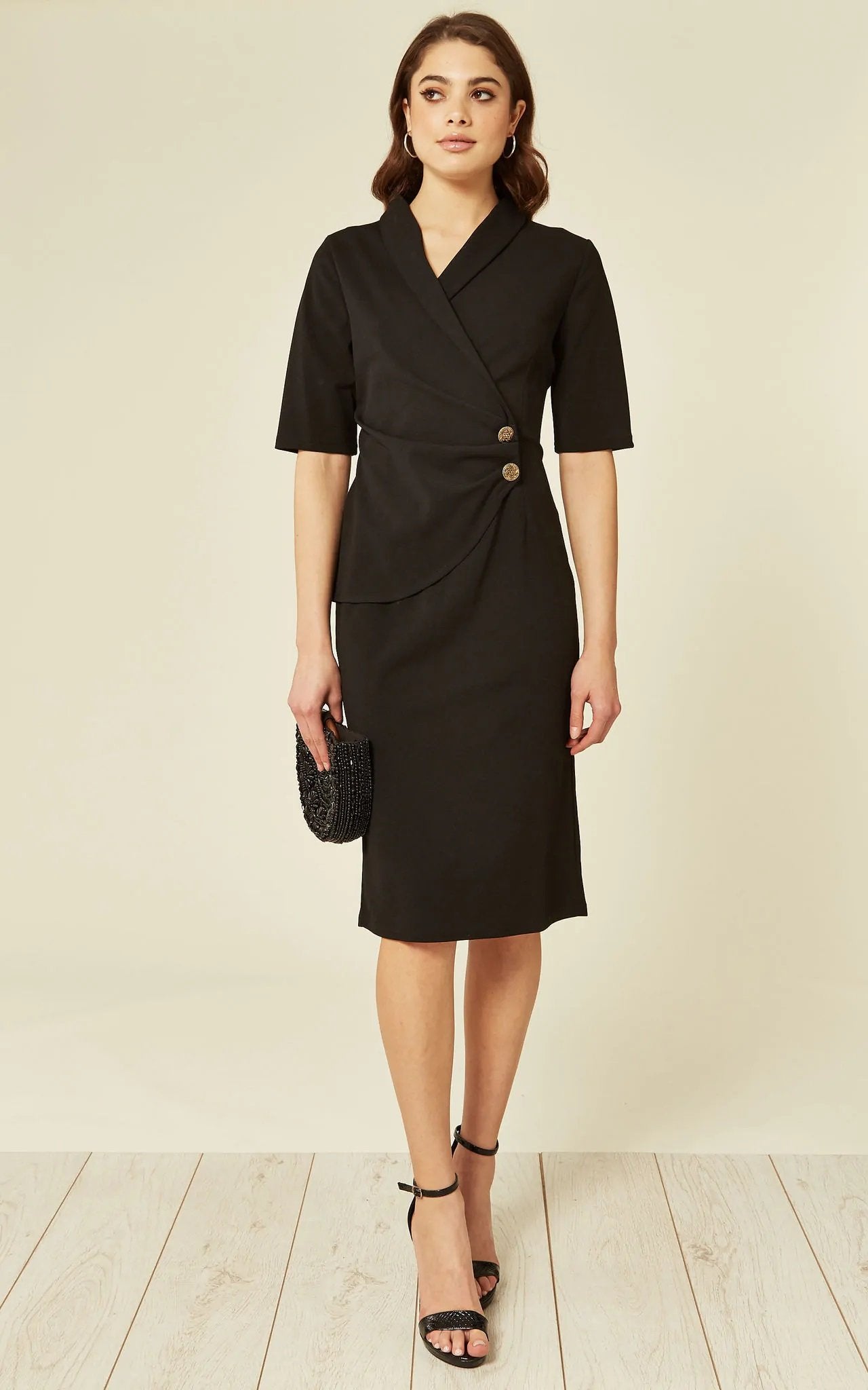 Rose Eleusis Diane Wrap Blazer Dress in black, stylish jacket and coat with a tailored fit and elegant design.