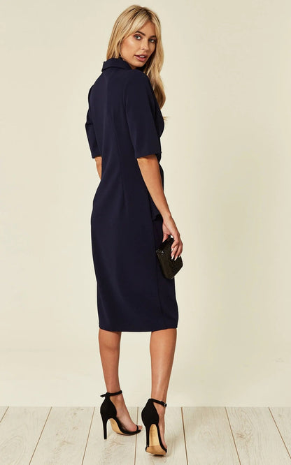 Navy Diane Wrap Blazer Dress by Rose Eleusis featuring a tailored fit and elegant wrap design, displayed on a model.