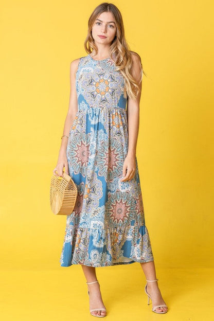 Jade Icarus sleeveless print tea-length dress with ruffled hem, perfect for women’s stylish summer or casual occasions.