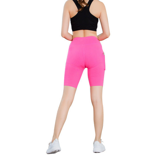 Stretchable All Seasons Yoga Shorts by Salmon Lucky with a phone pocket, designed for comfort and flexibility during workouts.