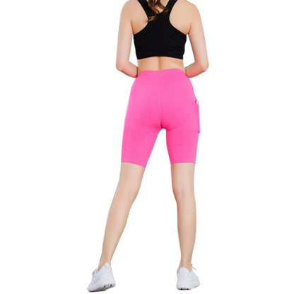 Stretchable All Seasons Yoga Shorts by Salmon Lucky with a phone pocket, designed for comfort and flexibility during workouts.